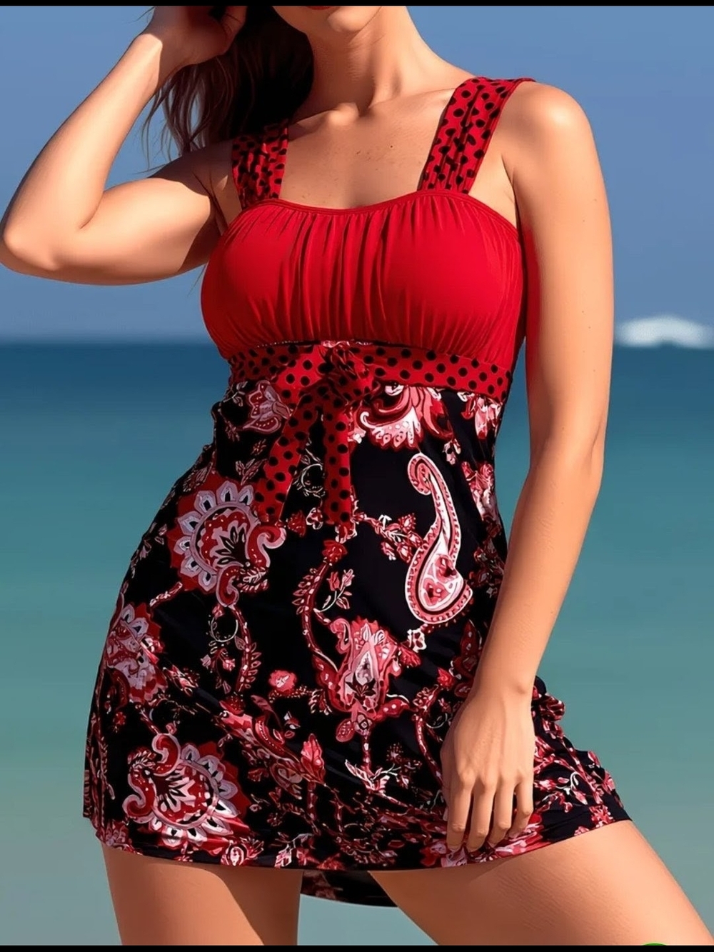 Red Paisley Tankini Two-Piece Swimsuit with Boyshorts - Picture 7 of 9